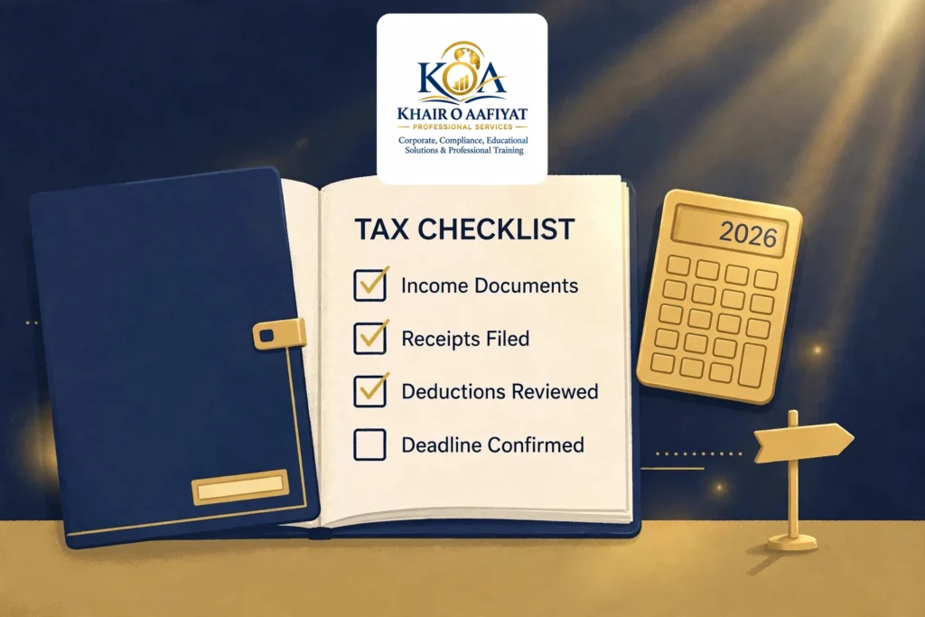 Navy and gold illustration of a tax consultant's desk and career checklist for Khair O Aafiyat in Pakistan.